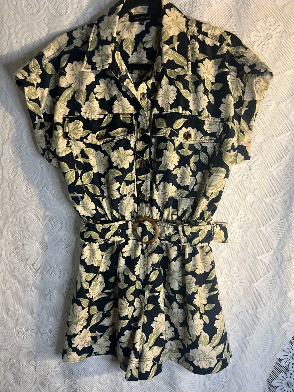 Jacquie the Label Floral Belted Short Sleeve Romper Navy & Cream S